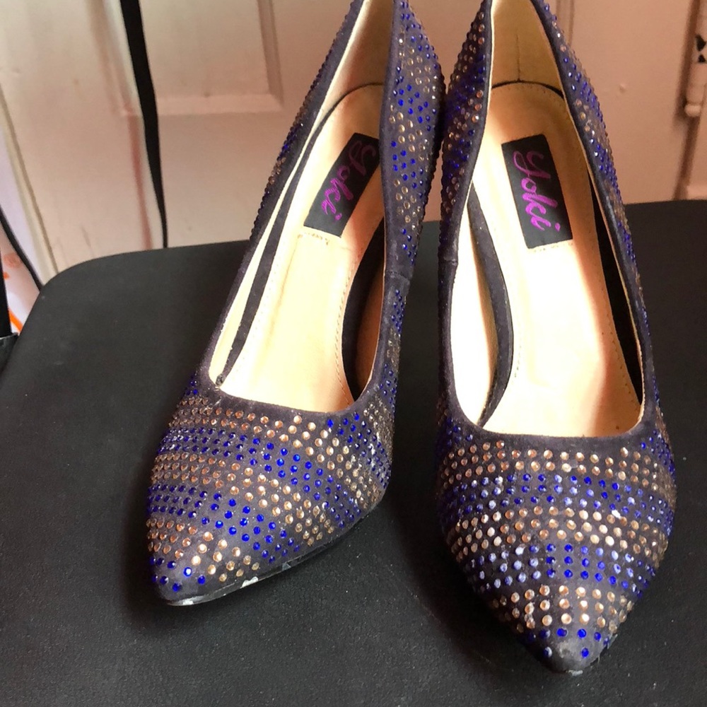 Blue &gold rhinestone heels size 7